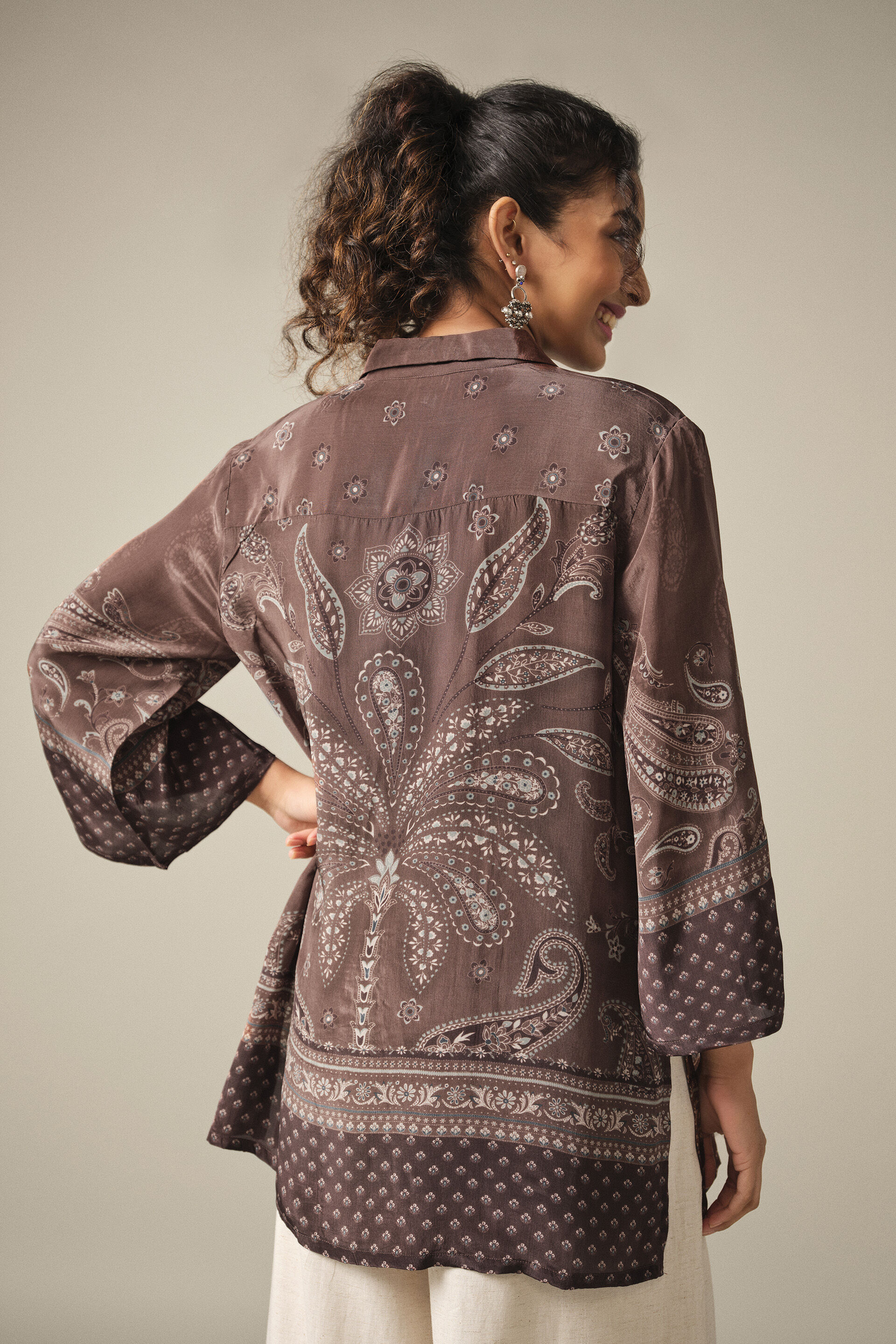 Paisley Printed Relaxed Shirt in Brown, Brown, image 6